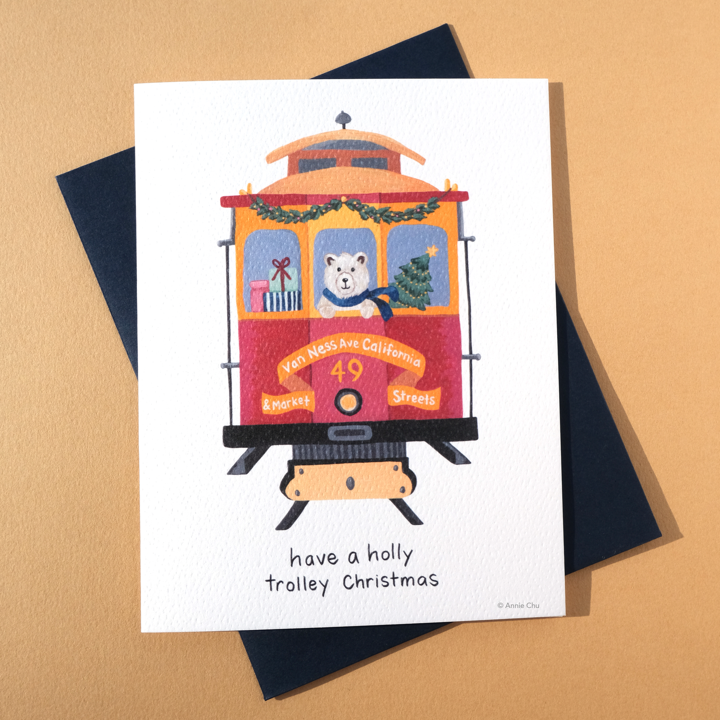 Holly Trolley Christmas Bear Greeting Card