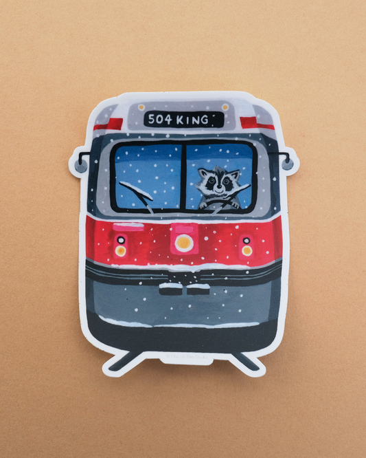 En Route to You Toronto Streetcar Raccoon Waterproof Die-Cut White Vinyl Sticker
