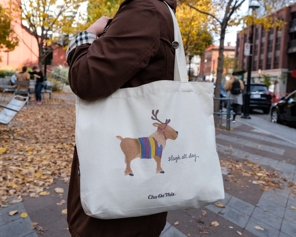Sleigh All Day Reindeer Canvas Tote Bag