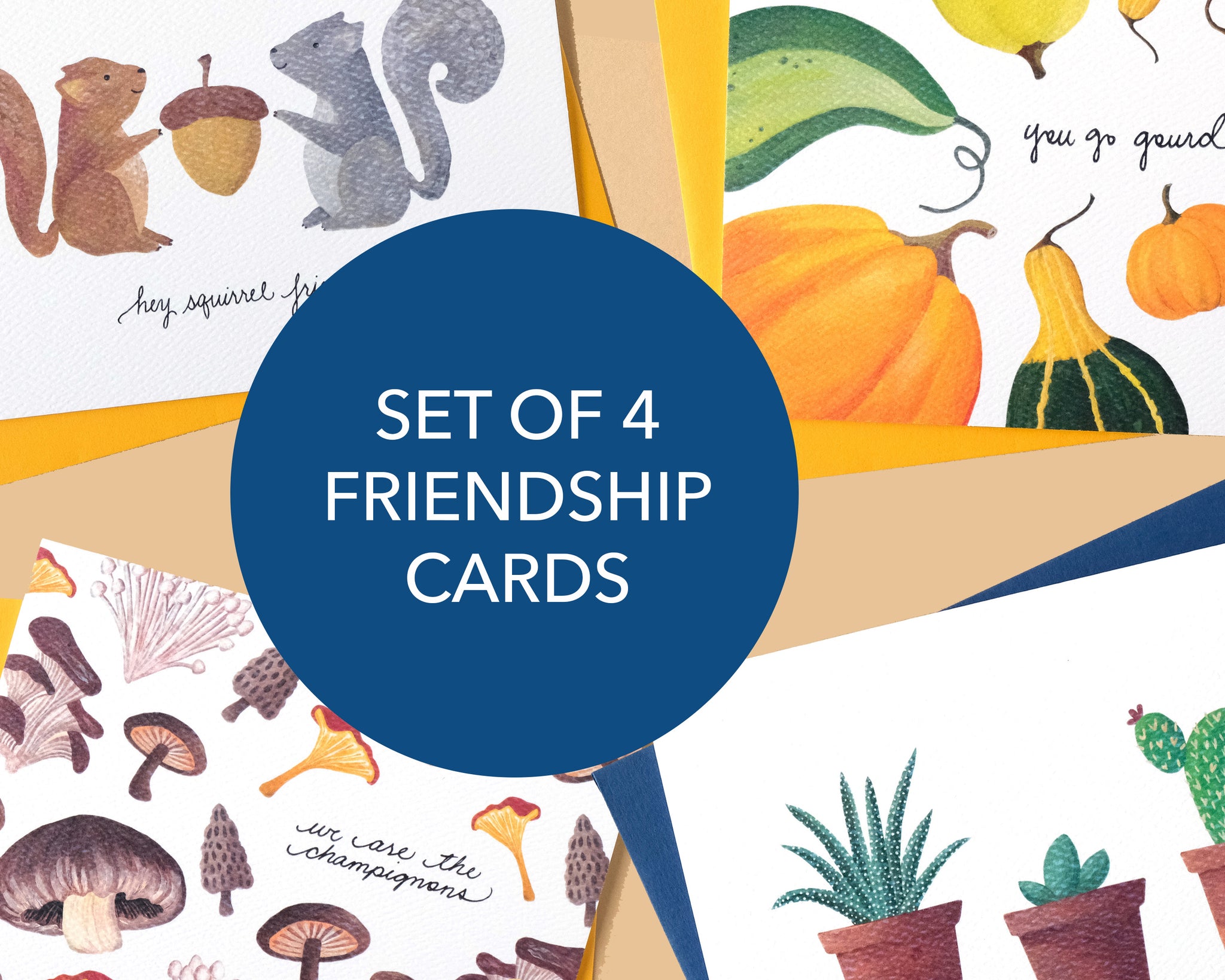 Set of 4 Hand-Illustrated Friendship Cards